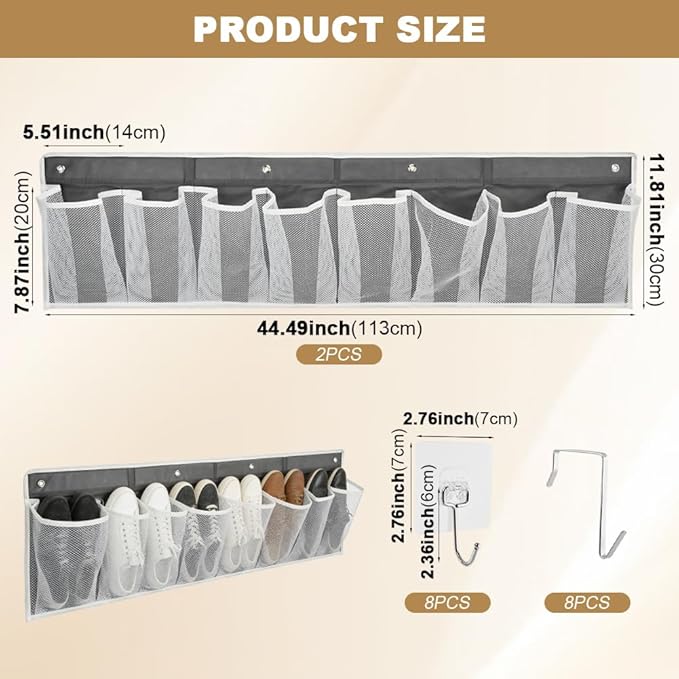 2 PCS RV Shoe Storage Organizer with 16 Pockets, Wall Hanging Pocket Organizer for Camper Bedside Closet Entryway, Space Saving Wall Hanging Includes 8 Hooks & 8 Adhesive Pads