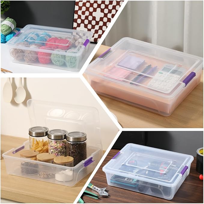 Plastic Storage Containers Clear Craft Storage Bins with Grey Handle,Organizer Box with Durable Lids Stackable Containers for Organizing Craft and Tools (4 Pack-10 Quart Purple)