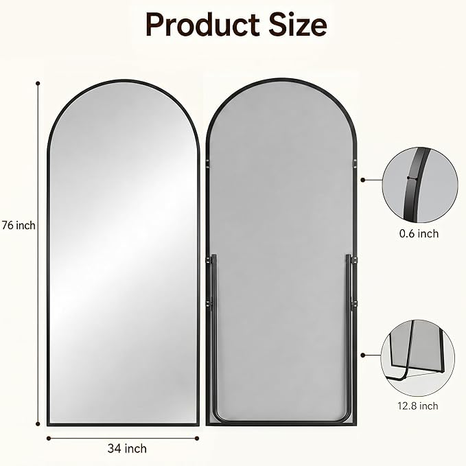 Antok Full Length Mirror, 76"x34" Floor Mirror with Stand, Hanging Mounted Mirrors for Bedroom, Living Room, Cloakroom, Dining Room, Black, Arched