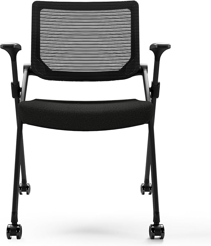Foldable Office Chair Set of 2 with PU Wheels Ergonomic Mesh Bouncing Back, Stackable Conference Room Chair, Office Guest & Reception & Meeting Chair (Black)