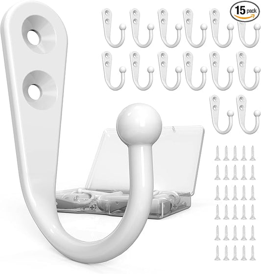 15 Pack Heavy Duty Coat Hooks Wall Mount, with 30 Mounting Screws, White Multi-Purpose Storage for Robe, Towel, Key, Bag, Coffee Mug