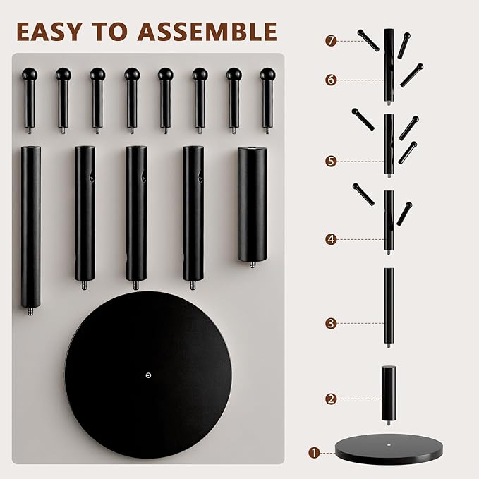 Coat Rack Freestanding Wooden Coat Tree Stand with 8 Round-tip Hooks, 3 Adjustable heights Coat Hat Rack for Entryway,Bedroom,Hallway,Office (Black)