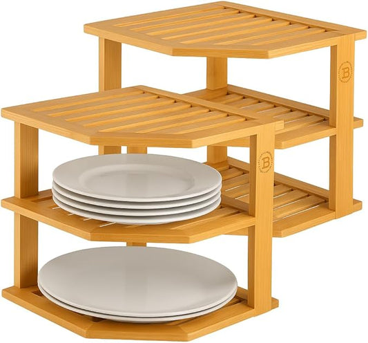 2-Pack Plate Organizer for Cabinet - 3 Tier Bamboo Corner Cabinet Organizer Shelf for Plates Bowls Mugs Cups, Kitchen Cabinet Organizer, Cabinet Shelf Organizer, Countertop Rack, 10 x 10 x 9.5 Inch