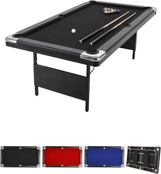 7 Foot Pool Table for Family, Foldable No Assembly Pool Table with Balls, Cues, Chalk, Rack & Brush, Portable Billiards Game Table for Apartment, Basement, Office & Game Room