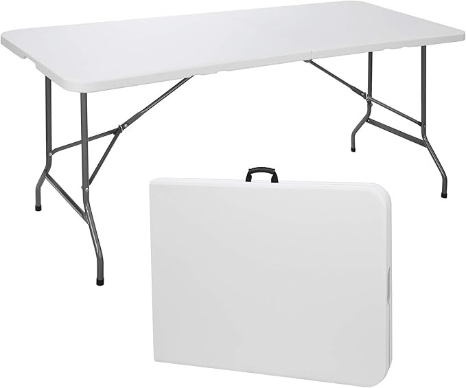 ZENY 6ft Folding Table, Portable Picnic Table, Plastic Table for Indoor Outdoor Picnic, Party, Camping, Heavy Duty Fold-up Table with Handle, White
