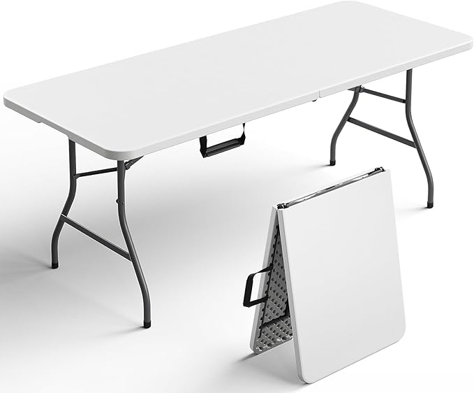 Folding Table 1 Pack, 6FT Folding Table Portable with Built-in Handle, Heavy Duty Plastic Table with Steel Legs Supports to 300lbs, Suitable for Party, Camping, Events Indoor&Outdoor Use, White