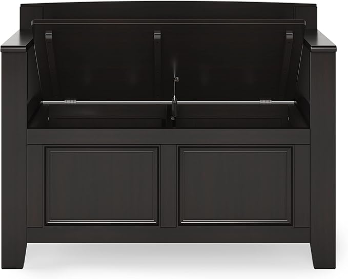 SIMPLIHOME Amherst Entryway Storage Bench - 36 inch Wide Solid Wood Hallway Bench in Hickory Brown, Transitional Bench for Entry or Mudroom with Lift-Up Lid, Storage Compartments and X-Back Detail