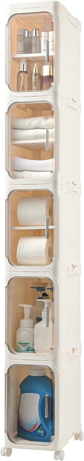 5-Tier Tall Narrow Storage Cabinet, Slim Bathroom Storage Cabinet with Adjustable Shelves and Wheels, Narrow Organizer for Small Space, Bathroom, Kitchen, Laundry, Cream White