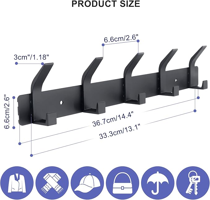 Coat Rack Wall Mounted,5 Coat Hooks for Hanging Coats,Heavy Duty Metal Double Hook Rack Hook Rail,Coat Rack with Hooks,Wall Mount Coat Hanger for Hat Towel Purse Robes ,Black,2Pack (Black2, 5 Hooks)