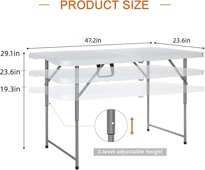FoldingTable 4 Foot Portable Heavy Duty Plastic Table and Adjustable Height Folding with Carrying Handle,Indoor Outdoor with Kids Table, Picnic,Party,Camping White