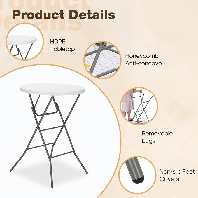 32" Round Folding Table, Portable Bar Height Folding Table with Detachable Legs, Round Foldable Table with HDPE Top for Standing Parties, Balcony, Event, Indoor Outdoor Use (White, 2 Pack)