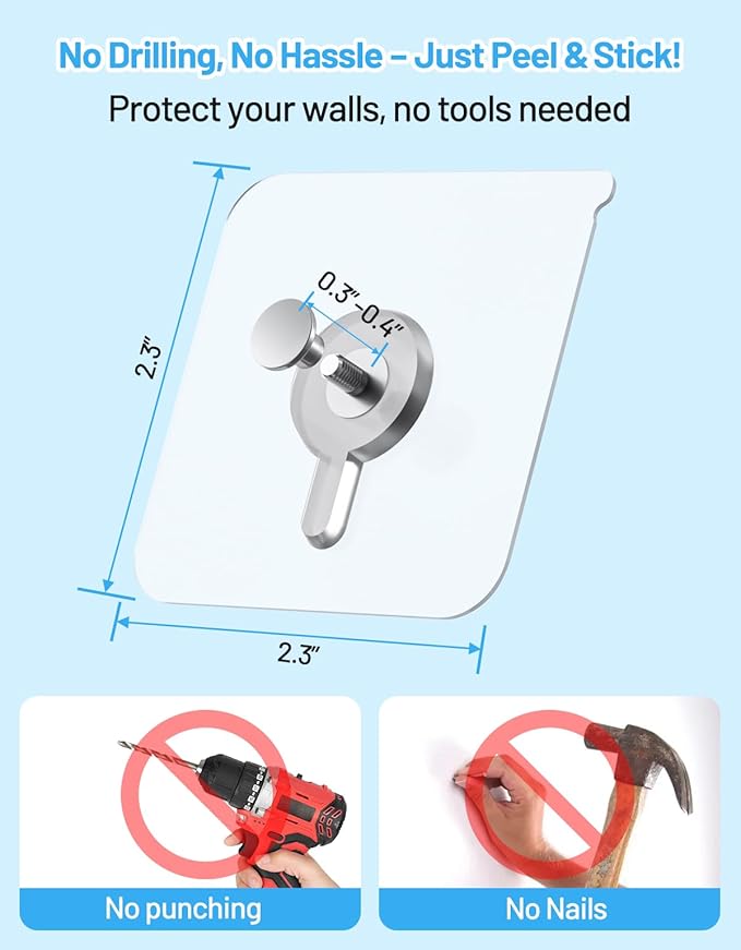 30 Pcs Adhesive Picture Hooks, 20 Ibs Load Heavy Duty Self Adhesive Wall Hooks for Hanging, Waterproof Picture Hangers Without Nails for Bathroom Kitchen, Transparent Sticky Hooks for Frames