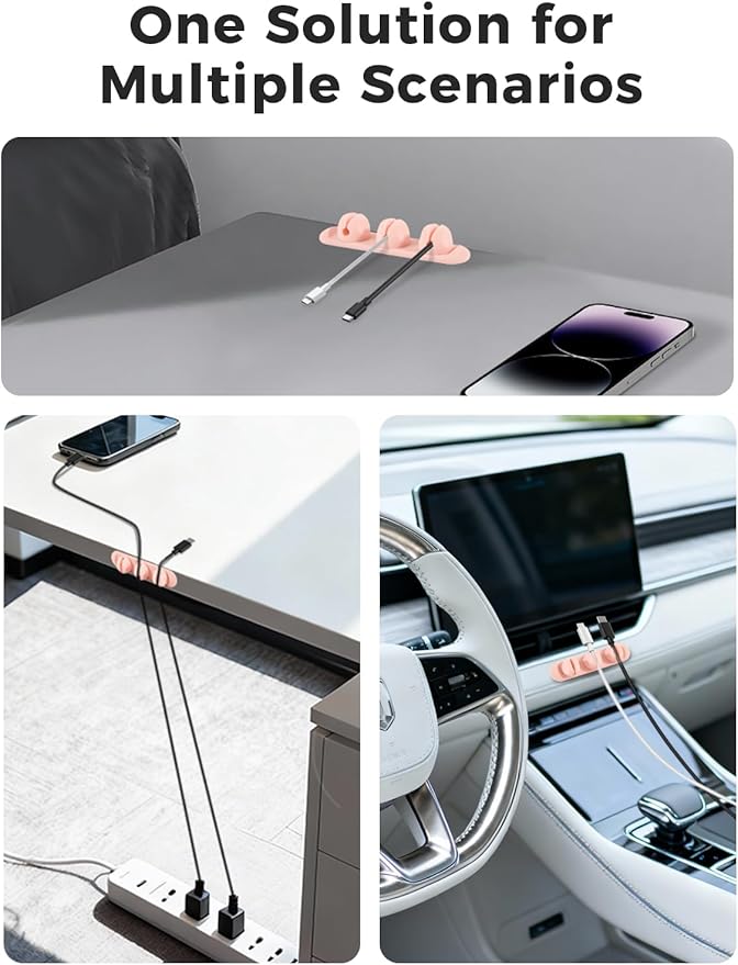 Magnetic Silicone Cable Clips with No-Residue Strong Adhesive – Desk, Under-Desk, Nightstand, Wall, Car, Office & Home Cord Organizer for Cable Management - Pink