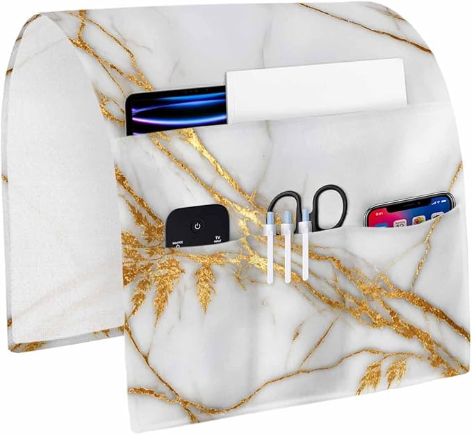 Sofa Armrest Organizer Bedside Caddy, White Yellow Marble Non Slip Couch Remote Control Holder for Recliner, Ink Painting Modern Art Armchair Caddy with Pocket for Magazine, Phone, 13"x35"