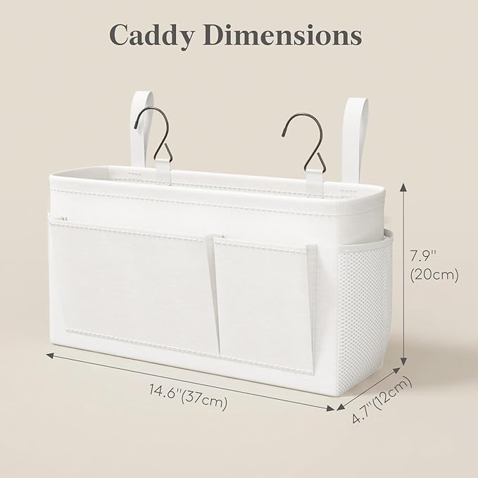 Lifewit Bedside Caddy Storage Organizer, Hanging Storage Bag with Fixed Straps, Book Remotes Holder for Home, College, Dorm, Bunk, Hospital, Crib Bed Rails, Large, White