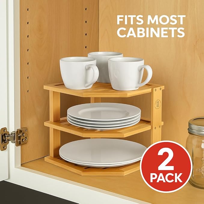 2-Pack Plate Organizer for Cabinet - 3 Tier Bamboo Corner Cabinet Organizer Shelf for Plates Bowls Mugs Cups, Kitchen Cabinet Organizer, Cabinet Shelf Organizer, Countertop Rack, 10 x 10 x 9.5 Inch