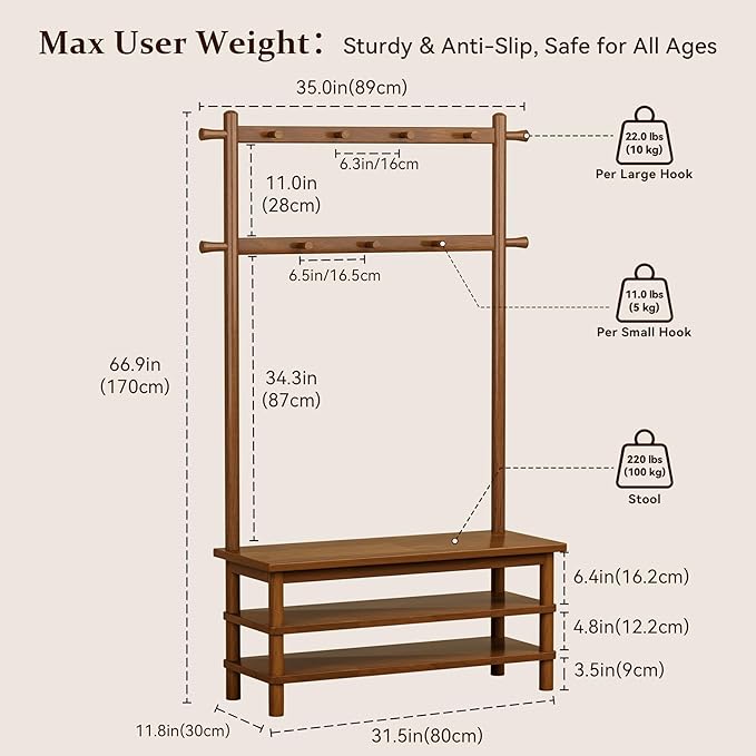 Hall Tree with Shoe Storage Bench, 3-in-1 Entryway Coat Rack with Bench, 11 Hooks, Freestanding Wooden Entryway Organizer for Mudroom, 35" Long