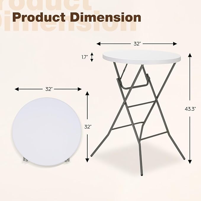32" Round Folding Table, Portable Bar Height Folding Table with Detachable Legs, Round Foldable Table with HDPE Top for Standing Parties, Balcony, Event, Indoor Outdoor Use (White, 1 Pack)