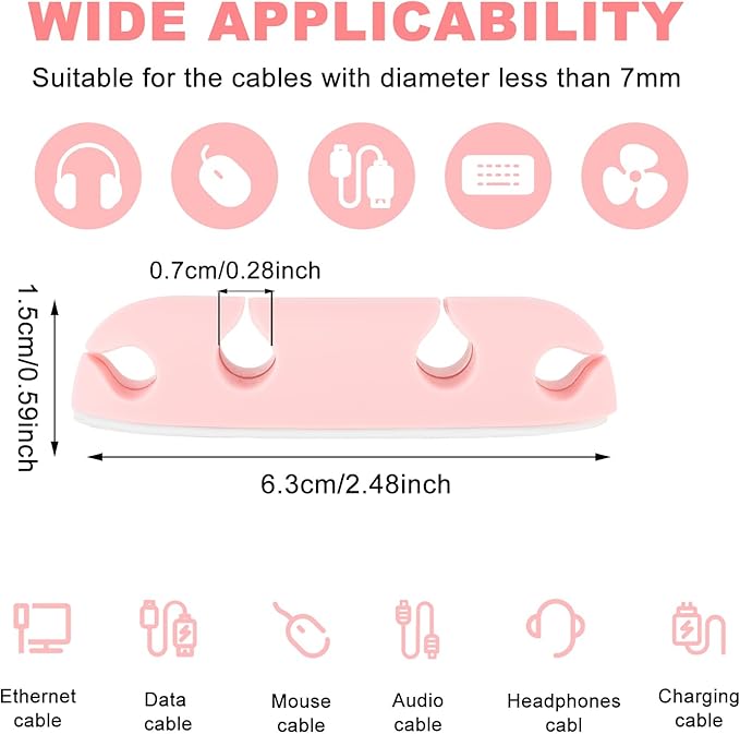 Mabor 3PCS Cable Clips Cord Wire Organizer Electrical Cable Management Holders 4 Hole Silicone Cable Harness USB Charging Accessory Cute Cable Holder for Office and Home Desk (Pink)