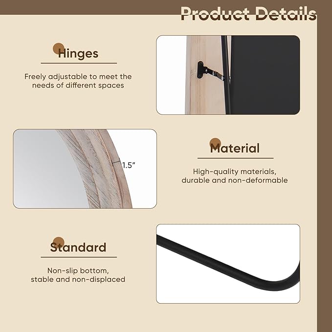 Full Length Mirror, 81"x41" Wooden Mirror Full Length with Stand Wood Floor Mirror, Oversized Stand Up Mirrors Large Wall Mirrors, Wall Mounted Mirrors, Arched Wood Style, White