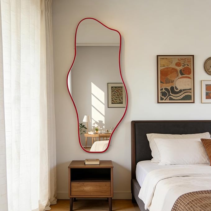 Large Irregular Mirror, 63"x30" Asymmetrical Tempered Glass Wall Mirror, Red Modern Organic Frameless Mirrors for Living Room Bedroom Hallway Entryway, Horizontal or Vertical Hanging