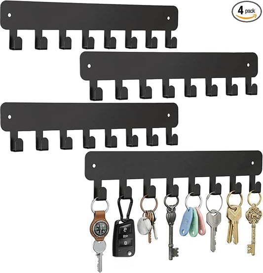 4 Pack Key Holder Wall Mount, Black Stainless Steel Key Hooks with 8 Hooks, Adhesive and Screw Mounting for Living Room Kitchen Bathroom Hallway