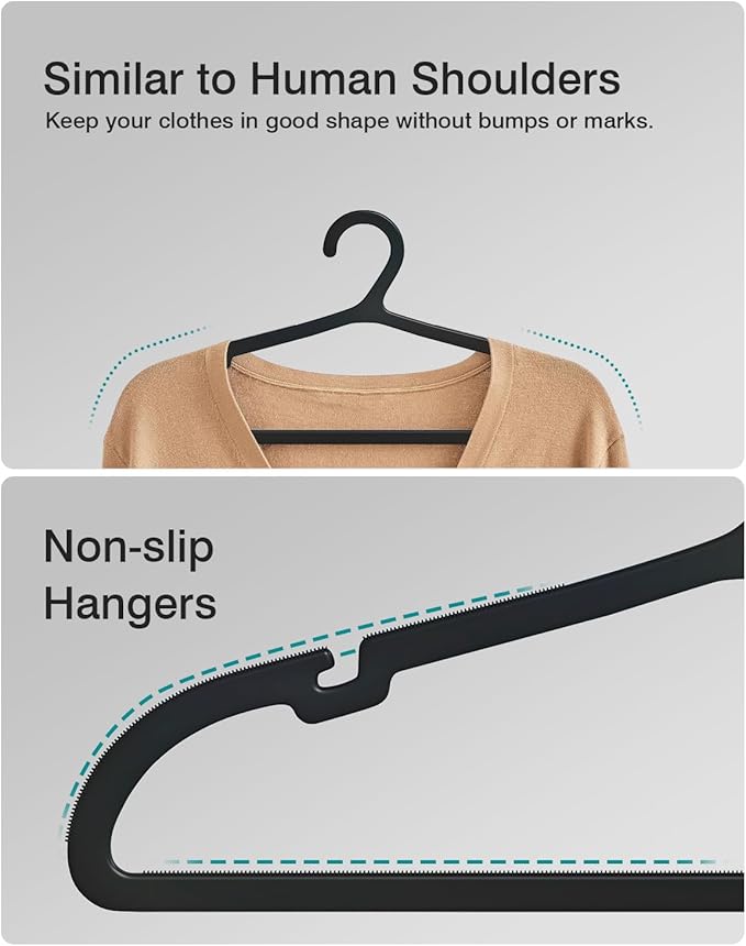 ABHENG 50 Pack Clothes Hangers, Non Slip Plastic Coat Hangers, Space Saving Hangers, Heavy Duty, Hanging Dry Wet Clothes,16.4" x 8.3", Black, UAPY0550B