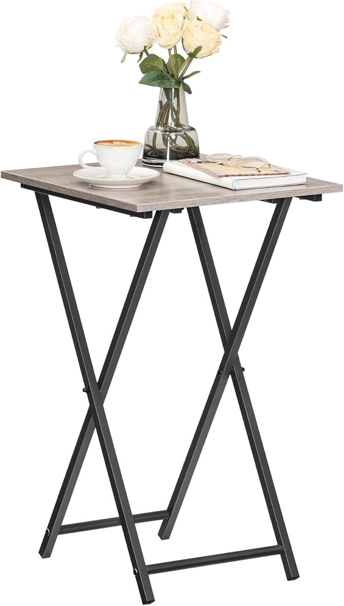 HOOBRO Folding TV Tray Table, Set of 2 Wooden TV Tray, Portable Sofa Side Snack Table, Industrial Desk for Small Spaces, Space-Saving, Easy to Install and Fold, Greige and Black BG27BZP201