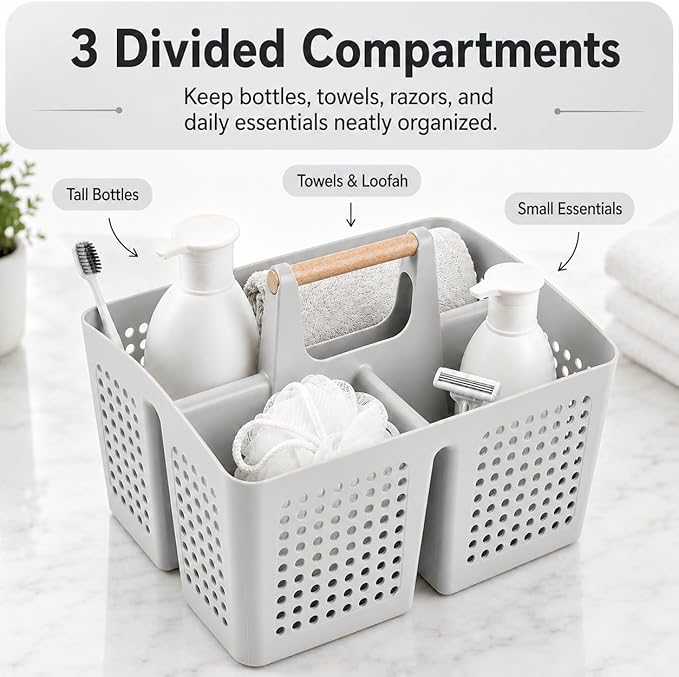Portable Shower Caddy Basket with Wood Handle, 3-Compartment Bathroom Organizer Tote with Drain Holes, Plastic Shower Basket for Dorm, Toiletries, Cleaning Supplies,Light Gray