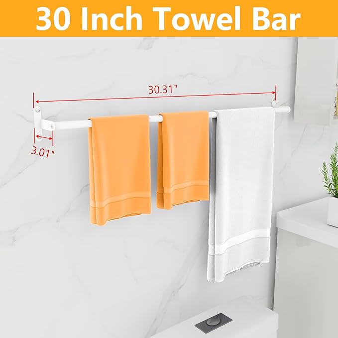Bath Towel Racks for Bathroom, Stainless Steel 30Inch Hand Towel Bars, Bathroom Towel Holder Wall Mounted, Towel Rods, White, Easy to Install