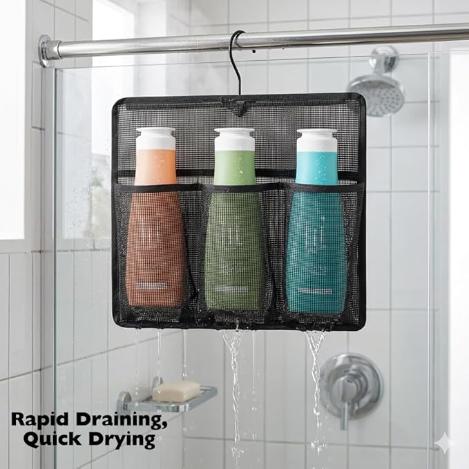 ALYER Mesh Shower Organizer,Shower Caddy with Rotating Detachable Metal Hanger, Quick Dry Bathroom Storage for Toiletry Accessories, Portable Shower Bag for RV,Dorm,Gym and Travel (Black)