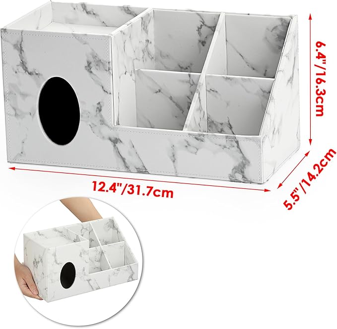 Sumnacon Tissue Box Cover Square PU Tissue Box Organizer, Leather Tissue Holders with Storage, Stylish Tissues Dispenser for Bahtroom Living Room Kitchen Dining Table Desk Office, Marble White