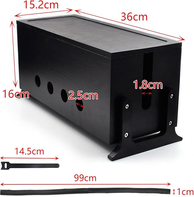 Large Cable Management Box, Wood Cord Hider Box & Organizer for Power Strip Hider Cable Storage for Office, TV Wires, Desk Cord Organizer, 14.2" x 6" x 6.3", Black, Wood
