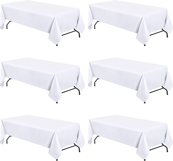 WEALUXE White Table Cloths for 6 Foot Folding Tables [6 Pack, 60x102 Inches] White Tablecloths Rectangular, Stain and Wrinkle Resistant Washable Linen Fabric Cloth