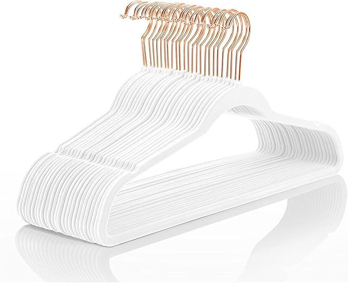 MIZGI Premium Velvet Hangers (60 Pack) Heavy Duty - Non Slip Felt Hangers - Velvet Suit Hangers White - Rose Gold Hooks,Space Saving Clothes Hangers