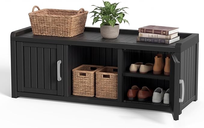 DRATO Entryway Shoe Cabinet with Bench, Waterproof Shoe Cabinet with 2 Doors and Adjustable Shelf, Resin Storage Bench for Bedroom Hallway Foyer (Black, 2 Doors)