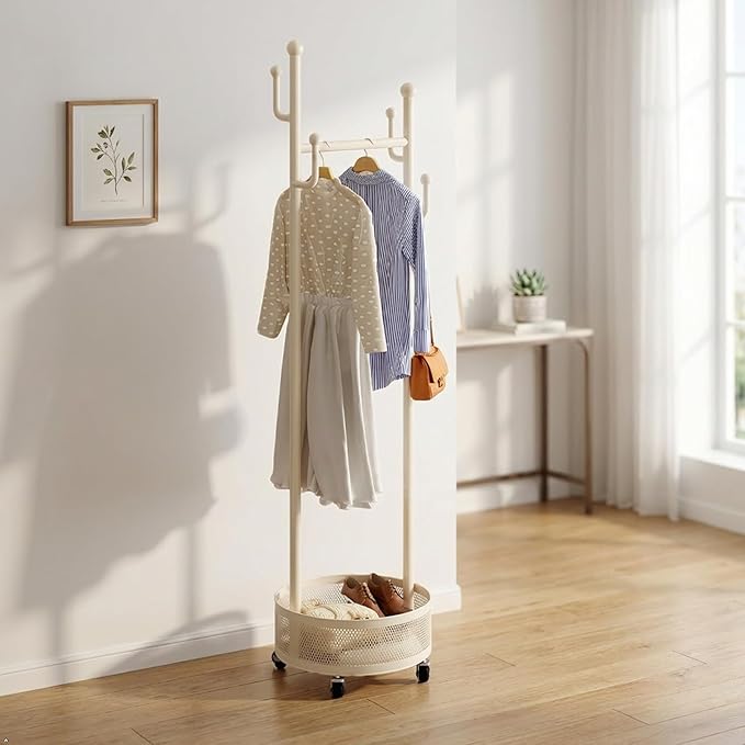 Rolling Coat Rack with Wheels, Freestanding Garment Rack with 6 Hooks & Mesh Storage Basket, Portable Clothing Rack Stand for Entryway, Bedroom, Closet, Cream White(Off-White)