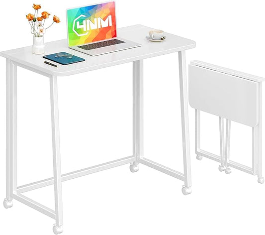 4NM 31.5" Mobile Small Folding Desk, Foldable Rolling Computer Home Office Desk, Study Writing Table for Small Space Saving Bedroom, with Wheels - All White