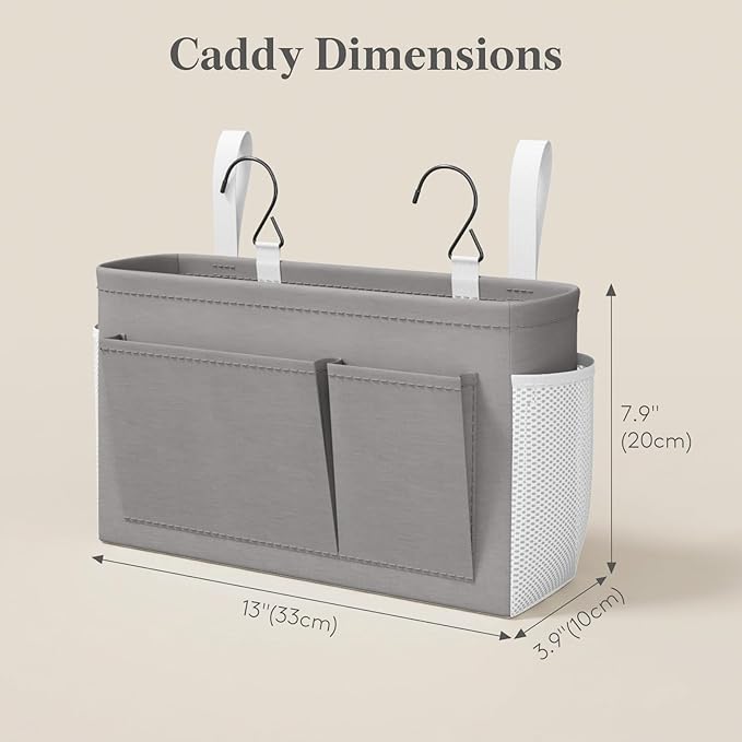 Lifewit Bedside Caddy Storage Organizer, Hanging Storage Bag with Fixed Straps, Book Remotes Holder for Home, College, Dorm, Bunk, Hospital, Crib Bed Rails, Grey
