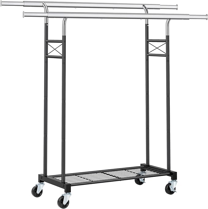FAVOOSTY Clothes Rack for Hanging Clothes Double Rods, Rolling & Extending Clothing Rack with Wheels, Garment Coat Rack Freestanding, Portable Clothes Rack, Black