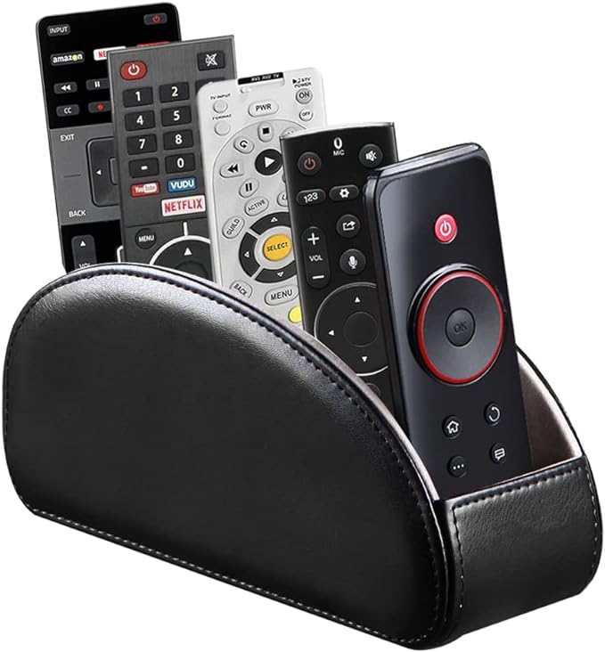 PU Leather Remote Control Holder with 5 Compartments - Storage Tray & Desktop Organizer for TV Remotes,Glasses,Pens,Accessories - Space-Saving Design for Bedside Table & Office Desk (Black)