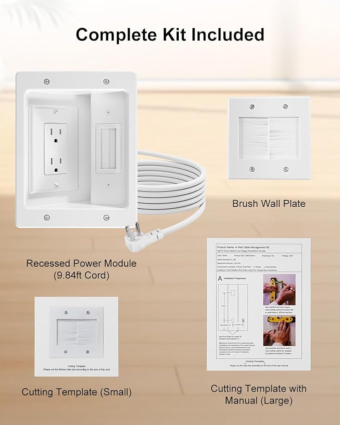 TV Cord Hider for Wall Mounted TV with Recessed Wall Outlet, In-Wall Cable Management Kit with 9.84FT, DIY Installation Kit with Hardware, for Home Theater (Only 2AC)