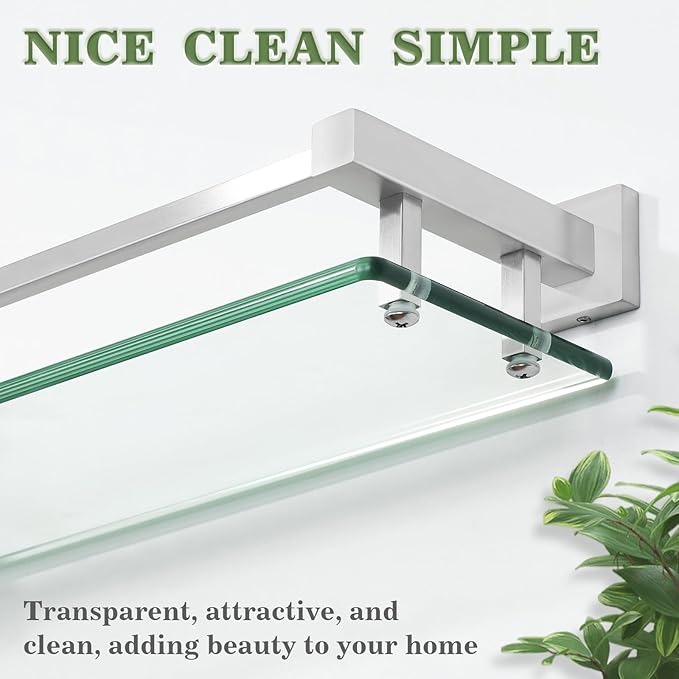 Alise Glass Bathroom Shelves Wall Mounted, 24 Inch Tempered Floating Shelves Bathroom, Stainless Steel Bathroom Glass Shelf