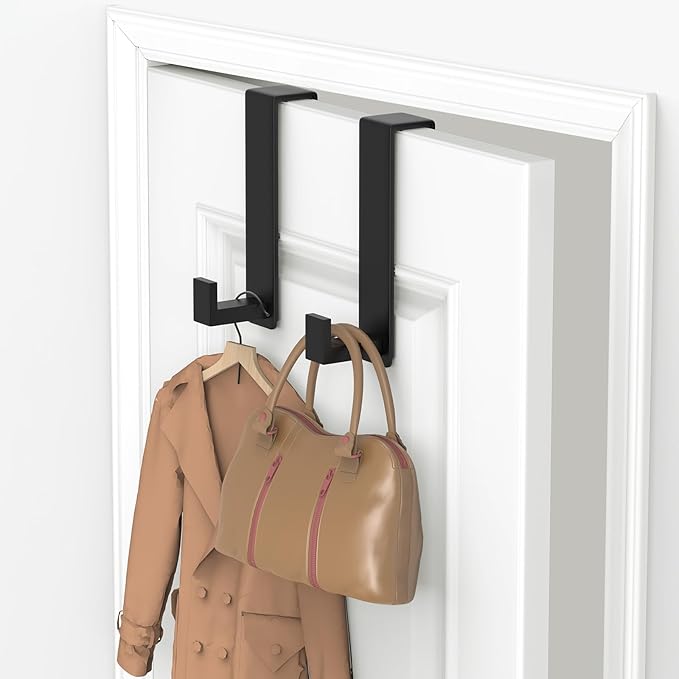 HUFEEOH Over The Door Hooks 2-Pack, Heavy Stainless Steel Coat & Towel Rack, No Drilling Scratch-Free Over Door Hanger Dorm Essentials Bathroom Accessories, Fits 1-3/4" Doors (Black) (L Shape)