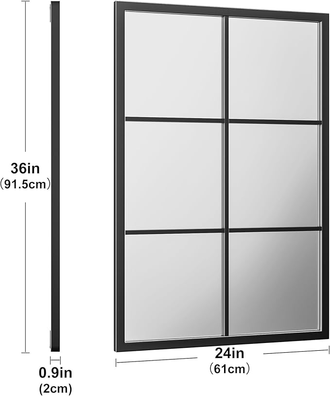 Dewfig Rectangle Wall Mirror, Window Mirror Wall Mounted, 24"x36"in Window Pane Mirrors, Large Black Mirrors for Hanging or Leaning Against Wall Bedroom Vanity Living Room Fireplace Entryway,Black