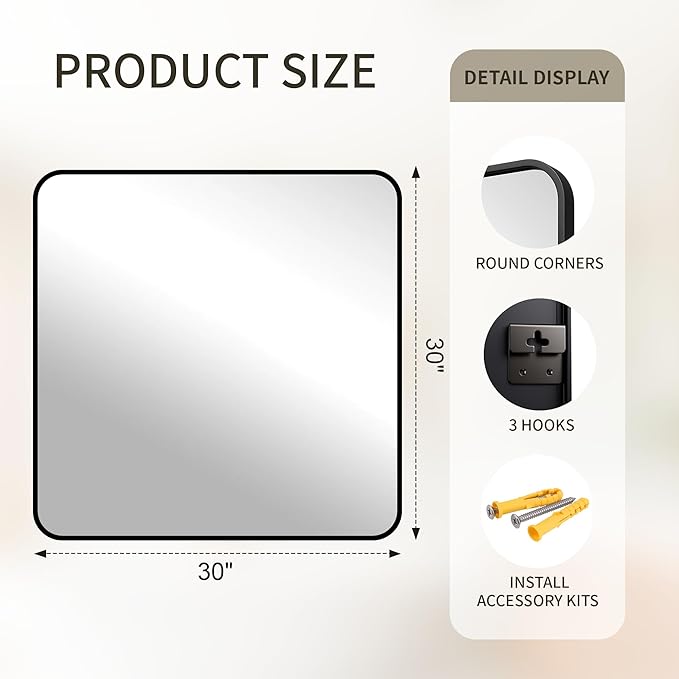 FICTOR Bathroom Mirror, 30"x30" Black Framed Vanity Mirror for Wall, Shatterproof &Anti-Rust Bathroom Mirrors for Over Sink, Bedroom, Living Room, Entryway, Vertical/Horizontal Mount