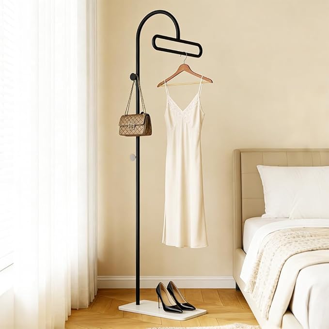 Coat Rack Freestanding Clothes Rack with Hooks & Marble Base, Heavy Duty Coat Hanger Stable Coat Stand for Entryway Bedroom, Hanging Garment Rack Hall Tree for Clothing Ties Hats Bags Purses (Black)
