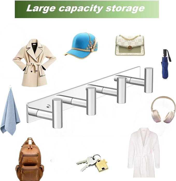 Wall Mounted Coat Rack-4 Hooks, Heavy Duty Stainless Steel Wall Hooks for Towel Coat Bag, Hat Rack Hanger Coat Hooks Towel Racks for Bathroom Entryway Kitchen Hotel (Glossy Chrome, 1 Pack)