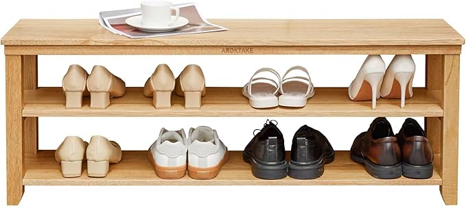 Shoe Rack Storage Bench, 2-Tier Solid Wood Heavy Duty Shoe Organizer Shelf for Entryway, Hallway, Mudroom, Living Room,Bedroom (Natural, 11.81"x 45.7"x 16.54")