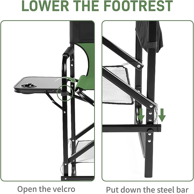 Outvita 26" Tall Directors Chair Height Seat Folding with Side Table Storage Bag, Support for 300Lbs Portable Makeup Artist Chair with Bar Height(Dark Green/Black)